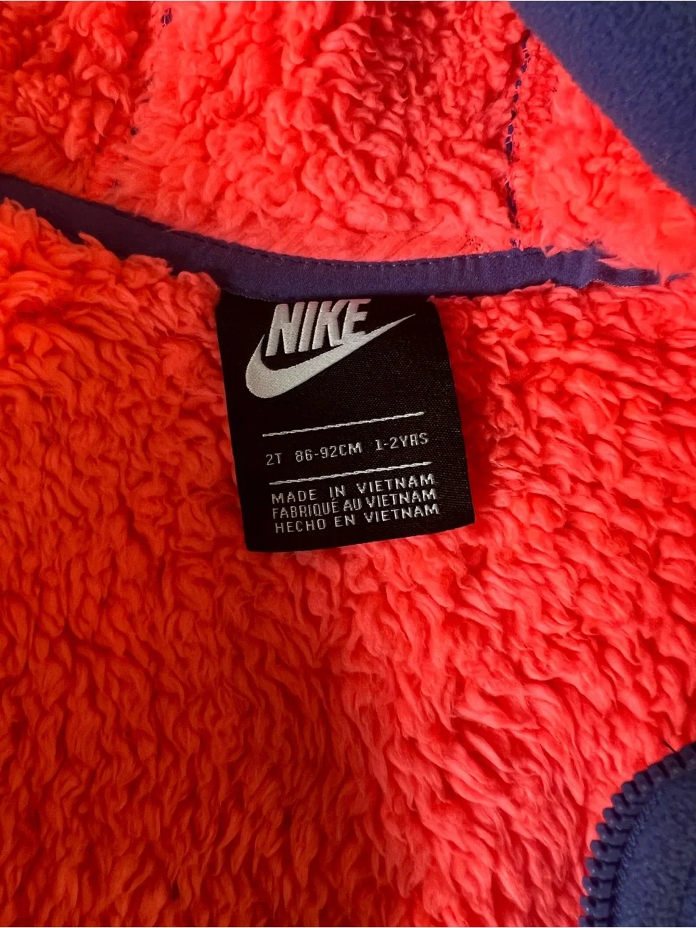 Nike Kids' Purple Fleece Hoodie with Pink Sherpa Lining Size 1-2 Yrs
